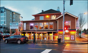 The outside of Cedars Indian and Mediterranean Cuisine in U District Seattle Washington.