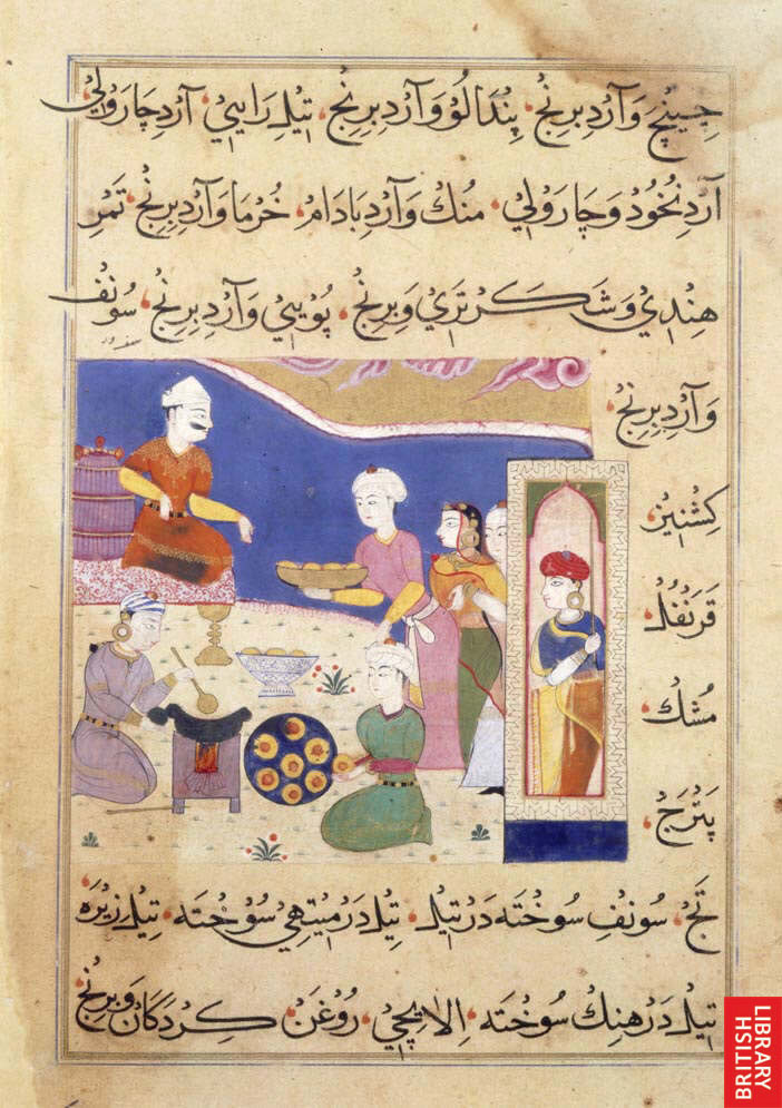 Ancient depiction of Samosas served to a king
